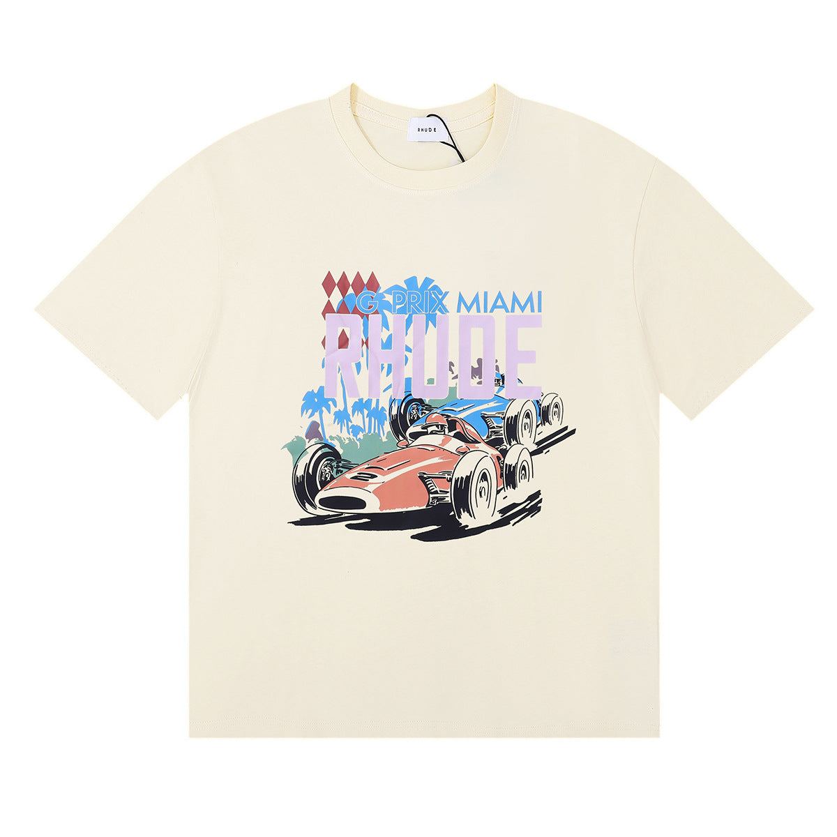Rhude T-shirt Alphabet Coconut Racing Pattern Short Sleeve T-shirt