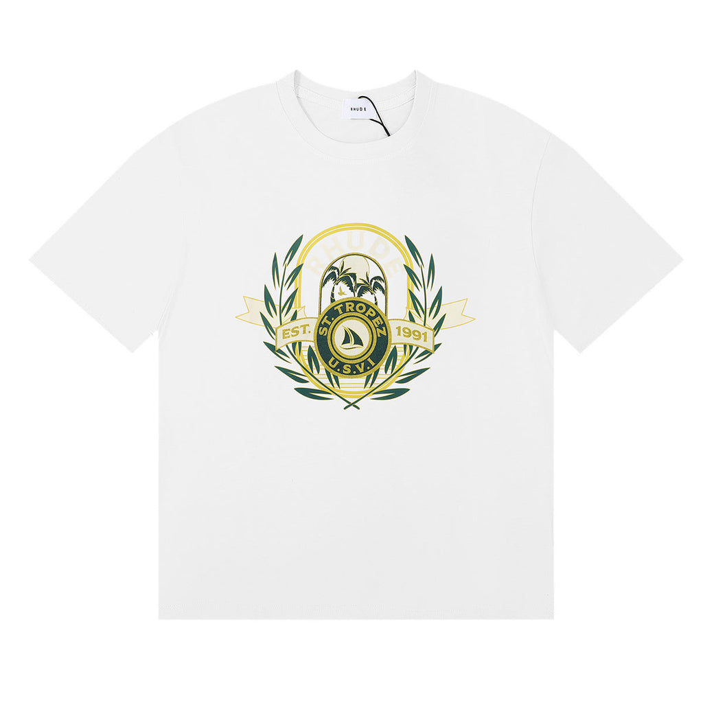 Rhude T-shirt Alphabet Coconut Racing Pattern Short Sleeve T-shirt